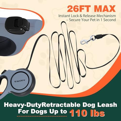 Retractable Dog Leash, 26ft Heavy Duty Retractable Pet Leash with Poop Bag Holder, 360° Tangle-Free for Small Medium Large Dogs Up to 110lbs, Anti-Slip Handle,One-Handed Brake Pause Lock（Gray） - Image 2