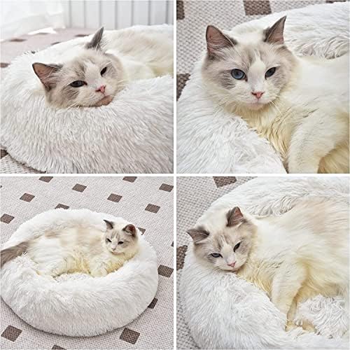 White Faux Fur Cat & Dog Beds 20 inches - Washable Dog Beds for Small Medium Dogs, Anti-Anxiety, Round Plush, Fluffy Thick Bottom - Image 5