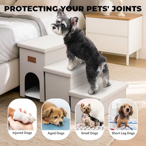 Zerbuger Dog Stairs with Storage, Beige 3 Steps Dog Ramp with Condo for Bed - Image 4