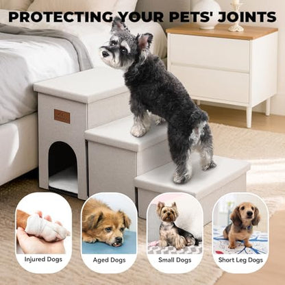 Zerbuger Dog Stairs with Storage, Beige 3 Steps Dog Ramp with Condo for Bed - Image 4