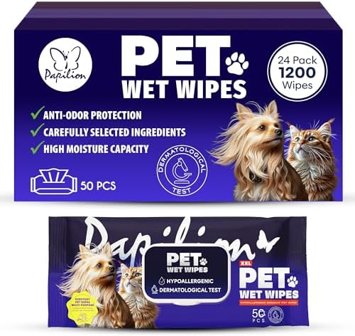 Papilion Pet Wipes for Dogs & Cats, Gentle Grooming & Cleaning Wipes, Safe for Paws, Coat & Face for Daily Use, Paraben-Free, Extra Large All-Purpose Wipes, Flip-Top Pack, 1200 Count by Papilion