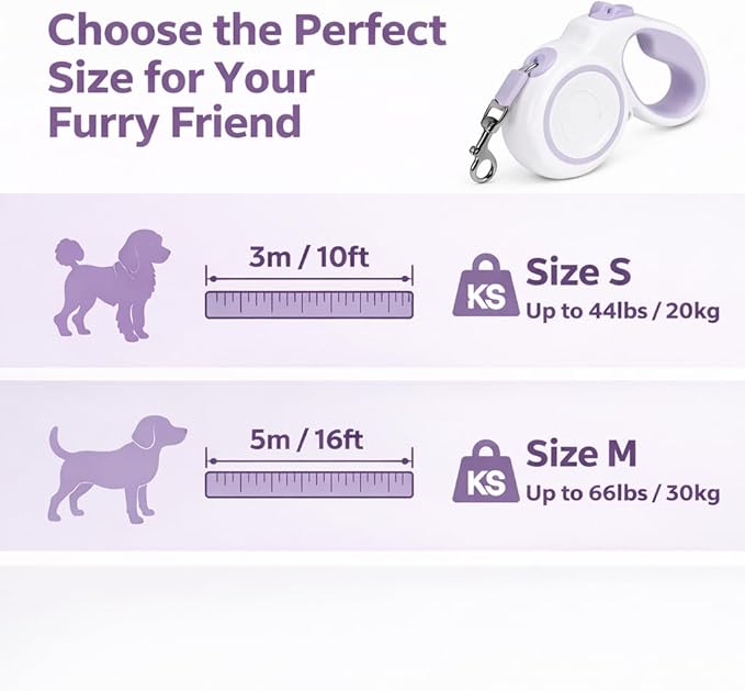 Retractable Dog Leash, 360° Tangle-Free Highly Reflective Nylon Tape, Non-Slip Rubberized Handle, 10-16FT Long Dog Leash for Dogs up to 66LBS,S-Purple
