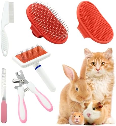 Cat Grooming Kit Set with Pet Shedding Slicker Brush Nail Clipper Trimmer Pet Massage Bath Glove Flea Comb for Bunny Puppy Kitten Guinea Pig Chinchilla Ferret Small Animals (Red, Pink) by Crafterlife