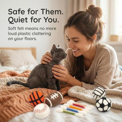 Glaciart One Cat Qtip Toy Set, 5 Pcs Wool Felt Cat Sport Balls (1.5 Inch) & 6 Pcs Cotton Swab Cat Toys, Natural Wool Cat Toys for Indoor Cats - Image 4