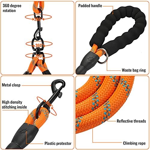 Double Dog Leash Reflective Detachable Coupler &360° Swivel Tangle Free, Heavy Duty Rope Leash Control with Padded Handle for Dual Large Medium Dogs Walking Running Training (Orange) - Image 3