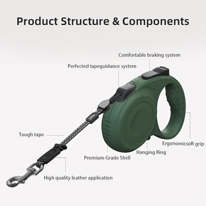 Retractable Dog Leash for Medium & Large Dogs up to 80 lbs, One-Handed Brake, 180kg Strong Nylon Tape, Tangle Free, Anti-Slip Handle (M & L Size) (Dark Green, M-4M)