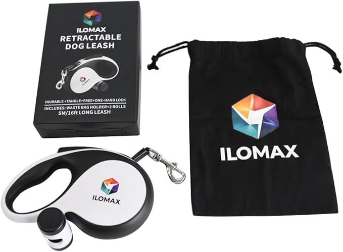 ILOMAX 360° Tangle-Free Retractable Dog Leash Built-in Waste Bag Dispenser Under Handle 2 Rolls Poop Bags Included Heavy Duty Tape Leash for Dogs up to 30kg Carry Pouch Included.16ft (White, L)