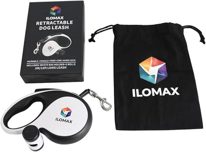 ILOMAX 360° Tangle-Free Retractable Dog Leash Built-in Waste Bag Dispenser Under Handle 2 Rolls Poop Bags Included Heavy Duty Tape Leash for Dogs up to 30kg Carry Pouch Included.16ft (White, L)
