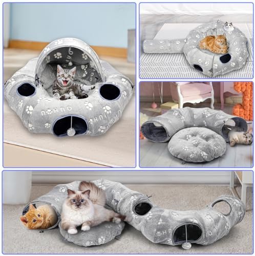 Cat Tunnel Bed, Cat Tunnels for Indoor Cats, Cat Donut Tunnel Toy with Washable Circle Cushion, Straight Shaped Tunnel, 4 Fluffy Balls, Blackout Tent, Self-Luminous Cat Toys（Grey） - Image 2
