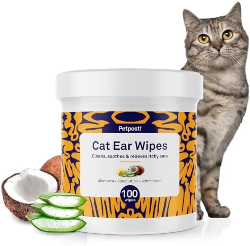 Petpost | Cat Ear Cleaner Wipes - Ultra Soft Cotton Pads in Coconut Oil Solution - Treatment for Removing Cat Ear Dirt & Wax 100 ct. by Petpost