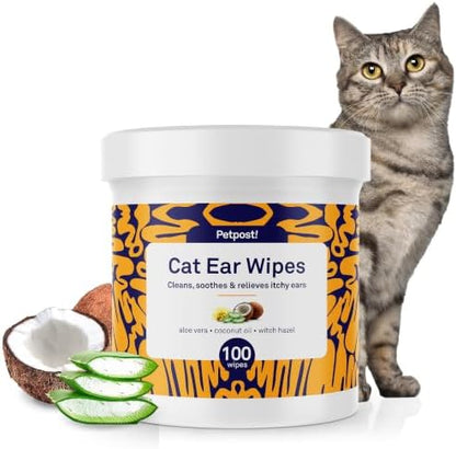 Petpost | Cat Ear Cleaner Wipes - Ultra Soft Cotton Pads in Coconut Oil Solution - Treatment for Removing Cat Ear Dirt & Wax 100 ct. by Petpost