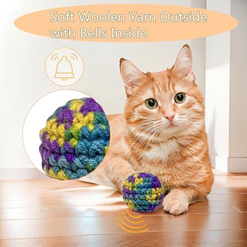 Jingle Cat Toy Balls 6 Pack 1.77" Woolen Yarn with Bell - Indoor Kitten Toys for Safe Chew & Play, Includes Gift Box - Image 2