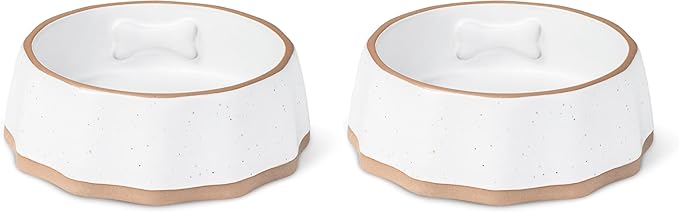 Fringe Studio Speckled Bone Small Sculpted Ceramic Pet Bowl W/Exposed Clay (5.25" Diameter x 1.75" H, 10 fl.oz.), PetShop Collection (779SM001) (Pack of 2)