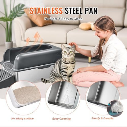 VEVOR Stainless Steel Cat Litter Box with Lid, XL Extra Large Enclosed Cat Box for Big Cats, High Sides Metal Litter Box, Anti Leakage,Odor-Free & Easy Cleaning,Include Scoop & Foot Board - Image 6