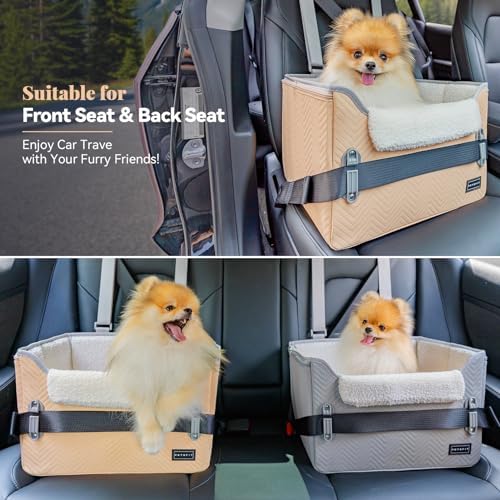 PETSFIT Cat Car Seat, Waterproof PU Leather Dog Booster Car Seat with Patent Safe Buckles, Clip-On Leash, Pet Travel Carrier Bed for Small Pets Up to 25lbs (Orange) - Image 2