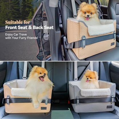 PETSFIT Cat Car Seat, Waterproof PU Leather Dog Booster Car Seat with Patent Safe Buckles, Clip-On Leash, Pet Travel Carrier Bed for Small Pets Up to 25lbs (Orange) - Image 2