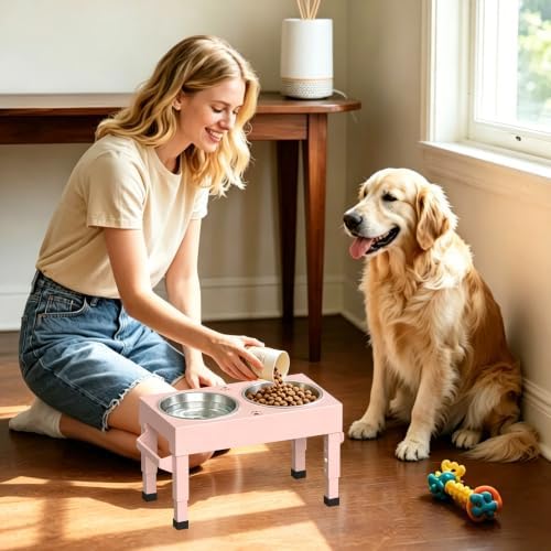 Elevated Dog Bowls Stand Large Breed, Height Adjustable Raised Dog Bowls Holder with 2 Stainless Steel Food Bowls for Small, Medium and Large Canine，Pink - Image 2