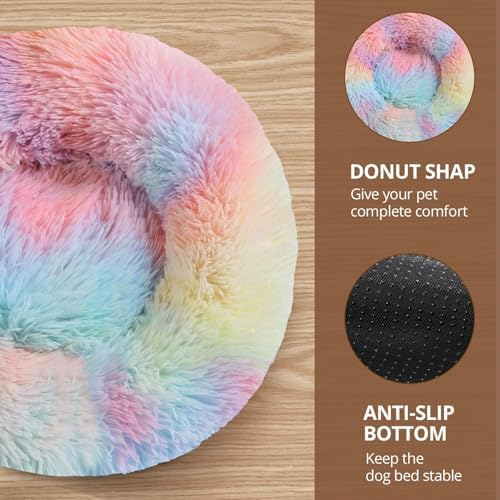 JOLLYVOGUE Calming Dog Bed for Small Dogs - 23 inches Donut Washable Small Dog Bed for Kittens & Puppies, Anti-Slip Round Fluffy Plush Faux Fur Cat Beds (Fits up to 25 lbs Pets, Rainbow) - Image 3