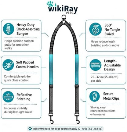 wikiRay Double Dog Leash Coupler for Walking 2 Dogs – No Tangle Dual Dog Splitter with Shock-Absorbing Bungee, Padded Traffic Handles & Reflective Stitching (Sea Green) - Image 3
