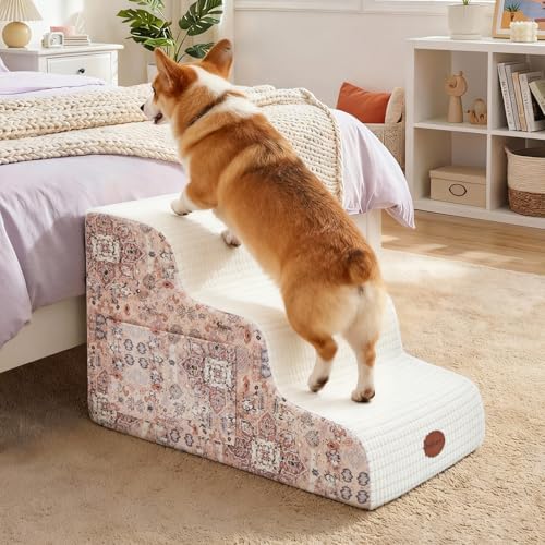Woochpet 3-Tier Dog Stairs for Beds Foam Ramp Stairs for Couch Pink by WOOCHPET