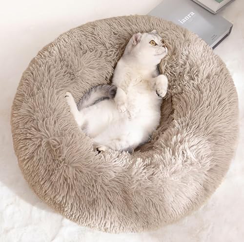 Cat Beds for Indoor Cats - Cat Bed Washable 20 inches, Dog Beds for Small Medium Dogs, Anti Anxiety Round Fluffy Plush Faux Fur Pet Bed, Thick Bottom (Light Brown, Medium) by Unknown