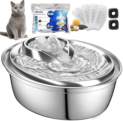 ORSDA Cat Water Fountain Stainless Steel, 2L Pet Fountain for Cats Inside, Dog Water Dispenser, Automatic Cat Drinking Fountains with 6 Replacement Filters for Cats, Small Dogs by ORSDA