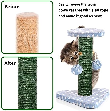 Green Sisal Rope 1/4 Inch by 98-Feet for Cat Scratching Post Tree Tower Replacement Repair and Replace, DIY Hemp Twine Rope for Kittens Shelves Furniture Window Bed Perch House Climbing, 6mm by 30m - Image 2
