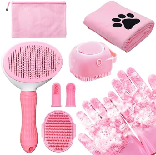 Dog Grooming Kit for Shedding – 8-Piece Pet Grooming Supplies with Deshedding Brush, Bath Gloves, Towels & Silicone Toothbrush | Ideal for Dogs, Cats, Small and Large Pets (Pink) by Aiolpy