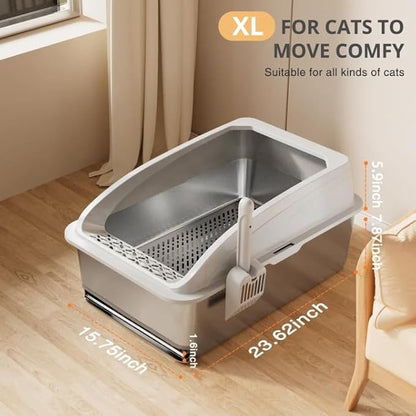 23.6"x15.7"x13.78" Stainless Steel Sifting Litter Box with Lid, XL Sifting Design for Pine Pellets, High Sides Metal Litter Box for Big Cats 7.9in Deep, Easy-to-Clean Removable Drawer Pan