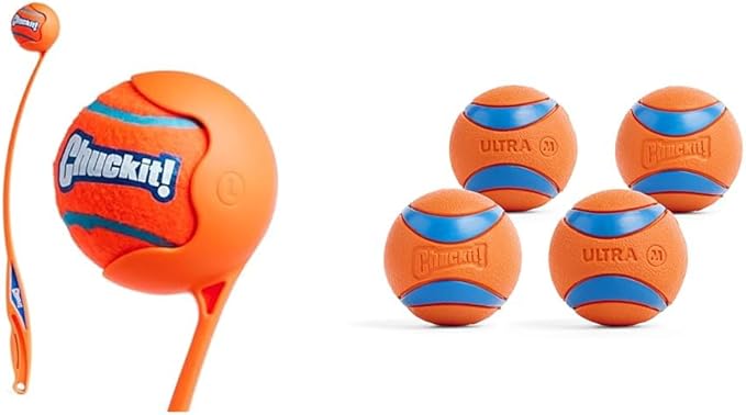 Chuckit! Sport Launcher 26-inch & Ultra Ball Toy Medium 2.5-inch (4 Pack)