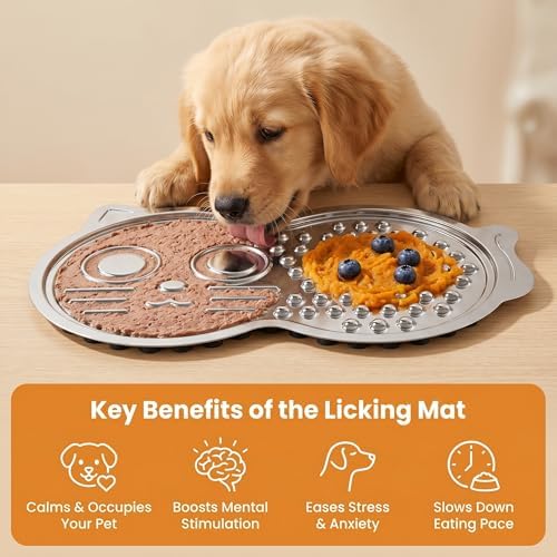 2-Pack XL Stainless Steel Lick Mat for Dogs & Cats, 15" x10" Slow Feeder with Deep Grooves & Strong Suction Cups, Chew-Resistant for Anxiety Relief, Dishwasher Safe, Silicone Spatula & Gift Box - Image 2