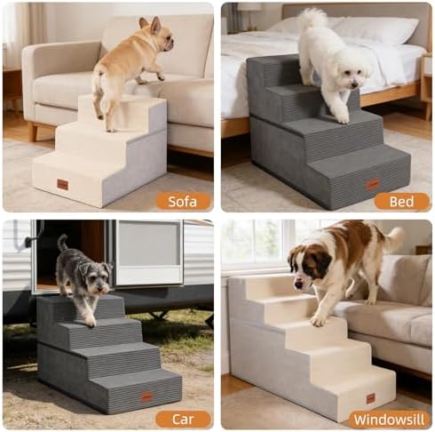 Dog Stairs for Small Dogs, 13.5" H, 3-Step Pet Steps for Bed Couch Sofa and Chair, Non-Slip Balanced Pet Ramp for Injured & Senior Pets with Washable Cover and Durable High Density Foam,Beige - Image 3