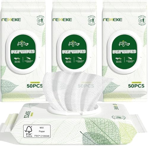 Unscented Dog Wipes & Cat Wipes (4x50 Packs) | Hypoallergenic, pH Balanced for Paws, Body, Eyes & Ears Grooming |All-Natural Plant Fiber Wipes with Aloe & Vitamin E | Pearl Texture by FEMEKE
