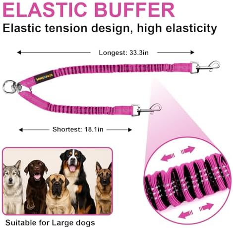 MingXpet 2 Dog Leash, Dog Leash for 2 Dogs, 360° Swivel No Tangle Double Walking Training Leashes for Large Dogs that Pull, Comfortable Shock Absorbing Reflective Bungee, Rose - Image 2