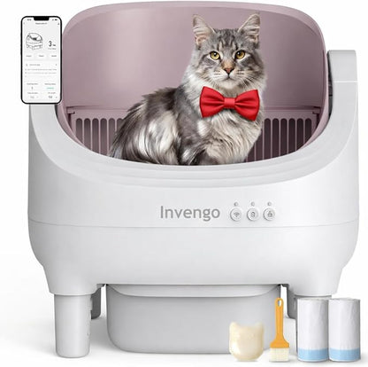 Automatic Cat Litter Box Self Cleaning, App Control, Open-Top Automatic Litter Box with Safety Sensors, Ultra-Quiet, 10.5L Waste Bin with Odor Control, 2 Rolls of Garbage Bags, Champagne