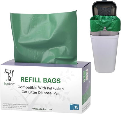 Pet-Fusion Compatible Bags for Cat Litter Pail/Dog Waste Station, 15-Count. Durable, Green Opaque Color. Replacement Liner Bags, EcoLeo