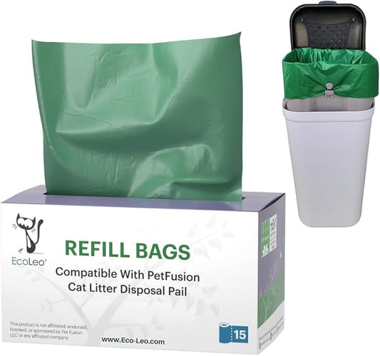 Pet-Fusion Compatible Bags for Cat Litter Pail/Dog Waste Station, 15-Count. Durable, Green Opaque Color. Replacement Liner Bags, EcoLeo