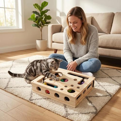 Huntmic Wooden Cat Toys Scratch Puzzle Enrichment Box, Interactive Cat Toy with Sandpaper Inside and Bell Ball, Cat Claw Saver Interactive Toy Stress-Free Alternative to Clippers & Grinders - Image 7
