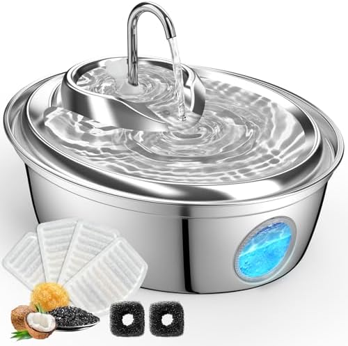 ORSDA Cat Water Fountain Stainless Steel, Cat Fountains for Drinking, 67oz/2L Automatic Pet Fountain Water Dispenser with Water Level Window for Cats and Small Dogs - 3 Filters +1 Pump Sponges by ORSDA