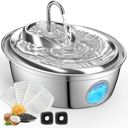 ORSDA Cat Water Fountain Stainless Steel, Cat Fountains for Drinking, 67oz/2L Automatic Pet Fountain Water Dispenser with Water Level Window for Cats and Small Dogs - 3 Filters +1 Pump Sponges by ORSDA