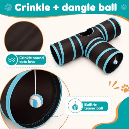 Cat Tunnel for Indoor Cats – 3-Way Collapsible Cat Tunnels with Hanging Ball & Peep Hole, Crinkle Pop-Up Play Tube Toy for Cats, Kittens, Puppies & Rabbits - Image 7