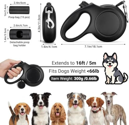 Segarty 16 Ft Retractable Dog Leash with Detachable Poop Bag Holder, 5m Walking Leash for Pets up to 66 Lbs, 360°Tangle-Free Black Dog Lead with Anti-Slip Handle & One-Handed Brake Pause Lock for Dogs - Image 2