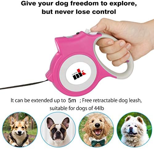 Retractable Dog Leash with LED Light Makife 5m Extendable Dog Lead for Small Medium Puppis up to 25kgs, One-Hand Brake & Lock System, Ergonomic Handle - Pink - Image 2