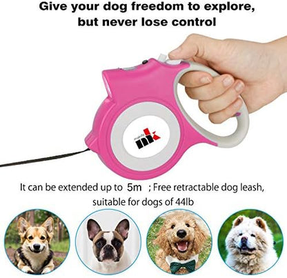 Retractable Dog Leash with LED Light Makife 5m Extendable Dog Lead for Small Medium Puppis up to 25kgs, One-Hand Brake & Lock System, Ergonomic Handle - Pink - Image 2