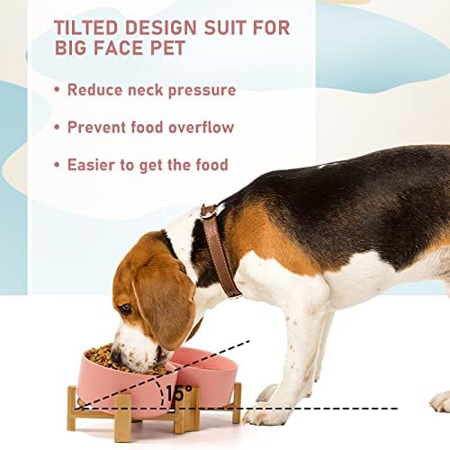 SPUNKYJUNKY 15° Slanted Ceramic Dog and Cat Bowl with Wooden Stand, Tilted Bulldog Food and Water Bowl No Slip Non-Spill for Cats Medium Dogs Big Face Pets 28.7 OZ (3.6 Cups, Pink × 2) - Image 3