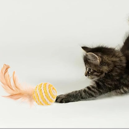 3pcs Cat Toys Balls, Interactive Feather Sisal Ball for Indoor Cats, Rolling Toys Design for Exercise and Fun, 1.96 Inch Size - Random Color