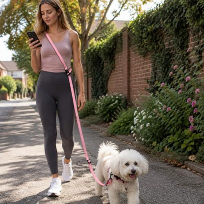 Kazazoo Hands-Free Dog Leash Adjustable Length 5-8 Ft,Waist & Crossbody Leash for Walking with Small Dogs Bichon Frisé & Teddy Reflective Strips, Ballistic Nylon, Waist Belt, Lightweight Pink - Image 2