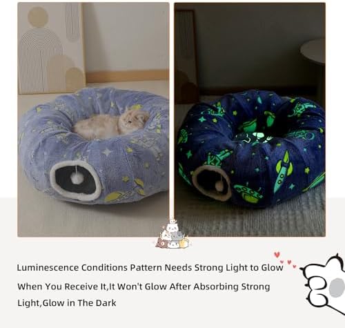 Under Christmas Tree Large Cat Tunnels Bed Tube for Indoor Cats Glows in The Dark Cat Tunnel with Cushion and Plush Ball Toy Toys for Dog Puppy Kitten Rabbit Bunnies Ferret Pet Blue - Image 6
