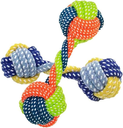 Cotton Rope Dog/Cat Toy, Handmade Braided Dumbbell Style Crew Toy, Multicolor Chew Toy for Dogs/Cats, Tough Dental Knot (1-Piece Set)