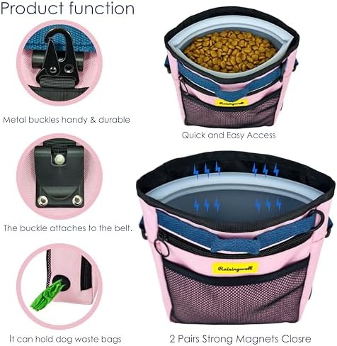 Raisingwell Dog Treat Pouch with Magnetic Closure 4-Cup Silicone Bag Fanny Pack Holder with Clicker 4 Ways to Wear Front Pocket Fits All Phones Ideal for Leash, Pet Walking and Training（Pink） - Image 3